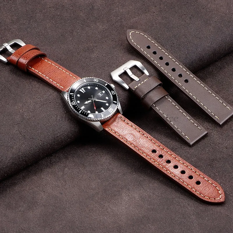 Genuine Cowhide Leather Watchband Strap for Panerai for Omega Band 20mm 22mm 24mm Lychee Pattern Men Women Bracelet Replacement