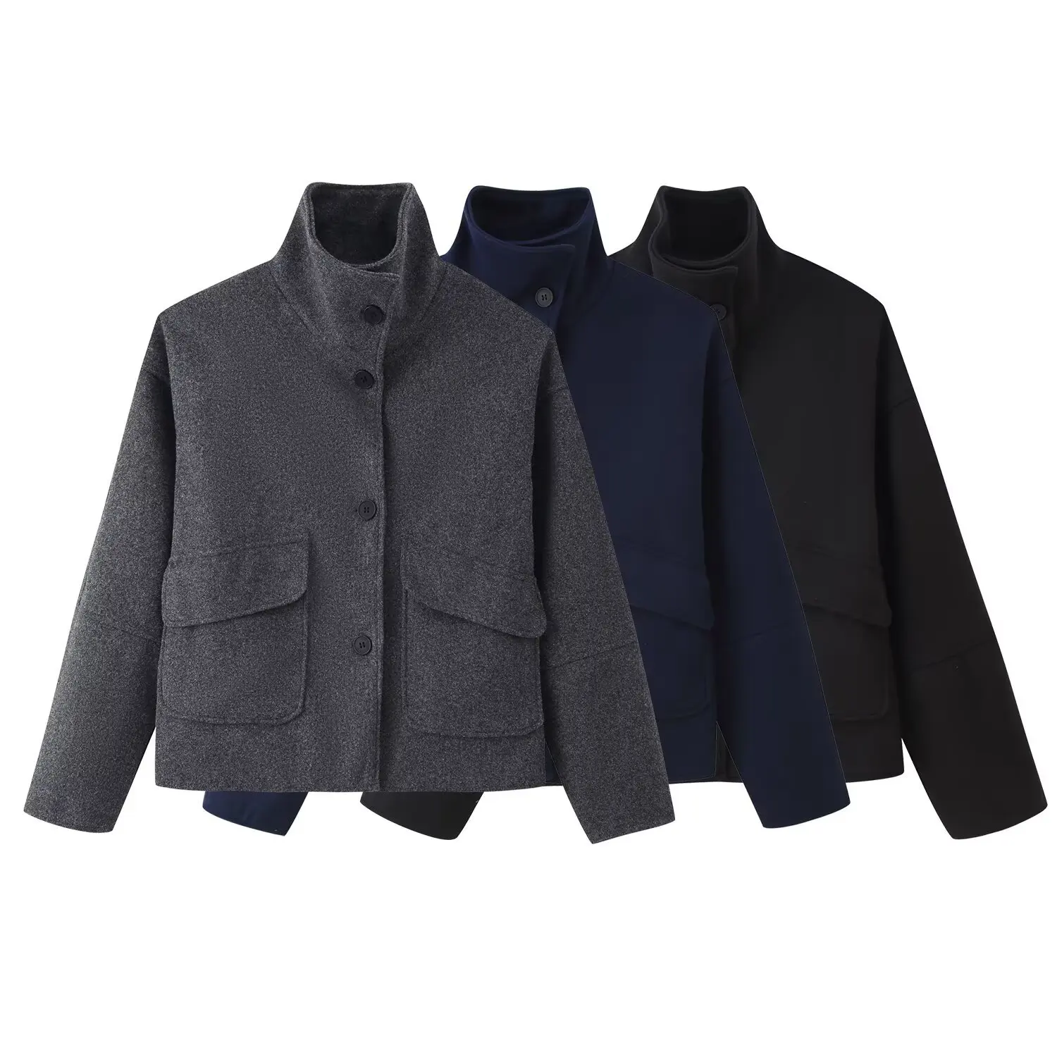 2025 New Semi High Neck Single Row Button Long Sleeve Wool Coat Women Simple Pocket Design Multi Color Options