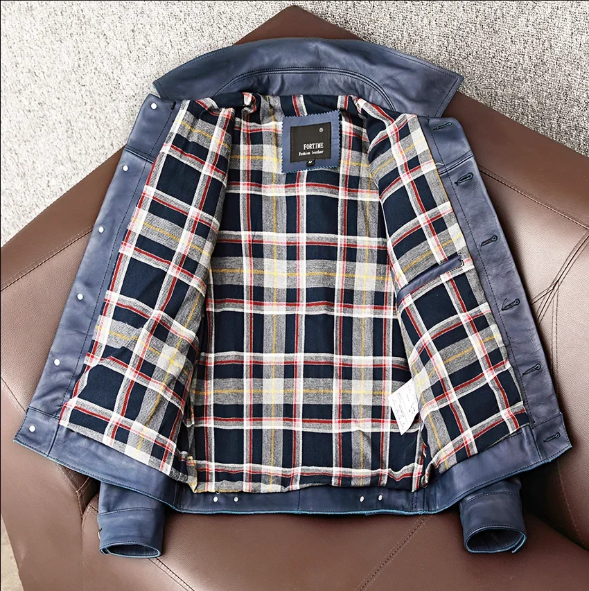 COPERSIAN Vintage Blue Men Leather Jacket Slim Fashion 100% Natural Cowhide Jackets Man Genuine Leather Coat Autumn Spring view 4