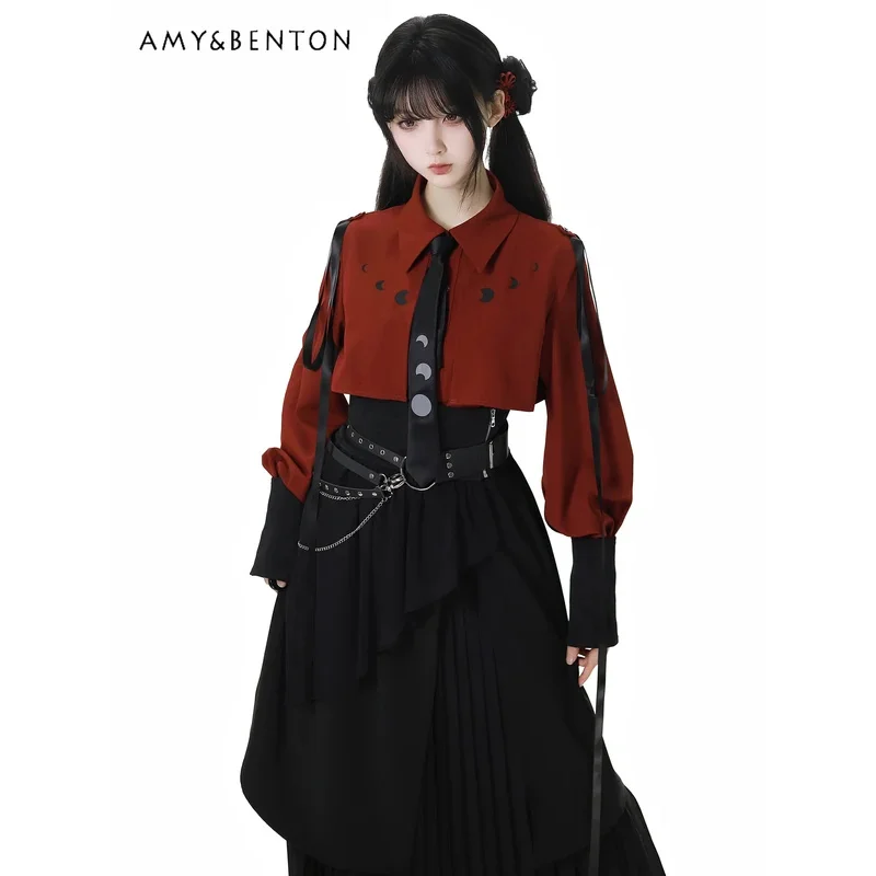 25COSSweet فتاة باردة الصليب الدانتيل يصل قميص سليم الصناعة الثقيلة الرجعية المطبوعة حزام غير النظامية تنورة قطعتين مجموعة النساء ثقافة فرعية