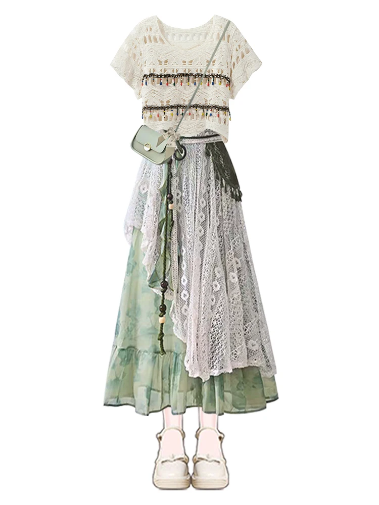 صيف جديد عارضة اللون ter أعلى الجوف خارج شرابة تصميم التخسيس تنورة قطعتين مجموعة للشابات #5