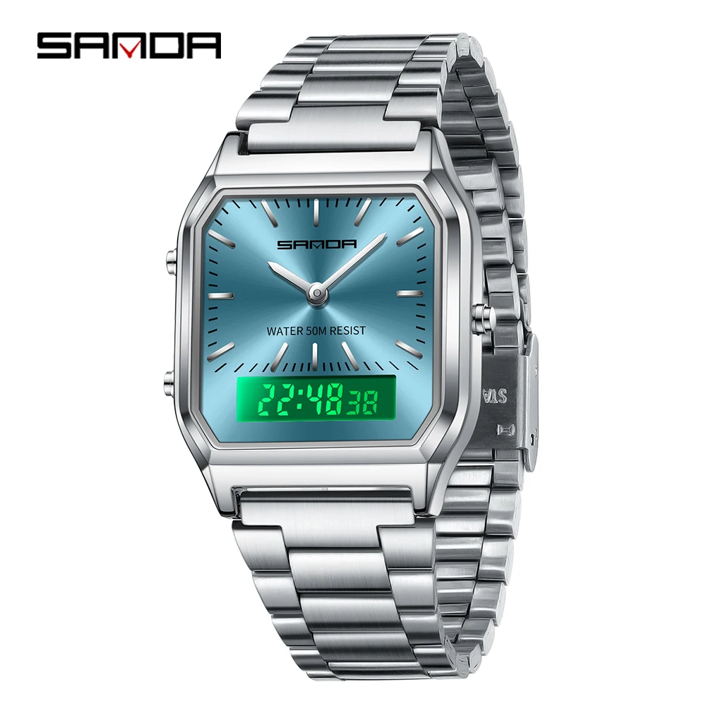 SANDA 747 Men\'s Quartz Digital Watch Waterproof Casual Fashion Watch Wear-resistant Stainless Steel Couple Watch Strap Square Di