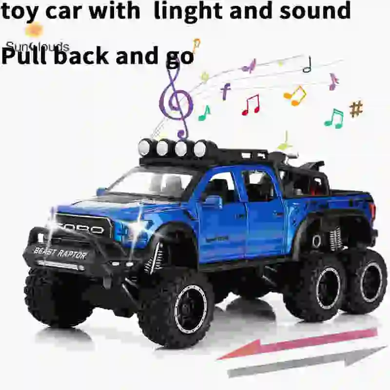 Toy Pickup Trucks for Boys F150 Raptor Diecast Metal Model Car with Sound and Light for Kids Age 6 Year and up Blue