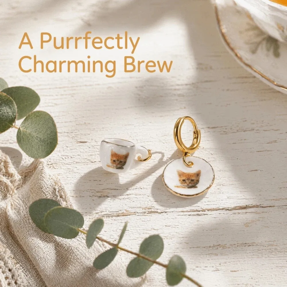 Dripping Oil Ginger Cat Pattern Hoop Earrings Cute Stainless Steel Plate Teacup Tea Pot Ear Buckle Sweet Y2K Porcelain Earrings