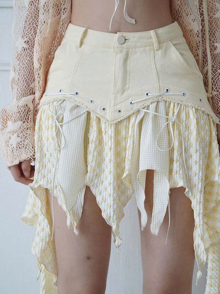 Women's Gothic Harajuku Lace-Up Skirt, Punk, Milk Yellow, Irregular, Splicing, Sexy, Hip Hop, Fashion, New, Summer