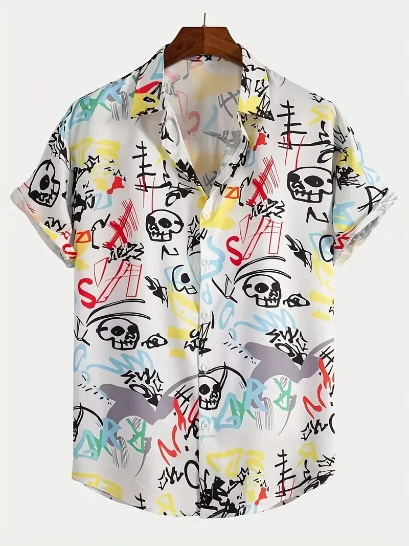 Men\'s Shirt Tops, Cute Graffiti Print, Lapel Bowling Shirt Short Sleeve Casual Summer Hawaiian Shirt Single Breasted Shirt Daily