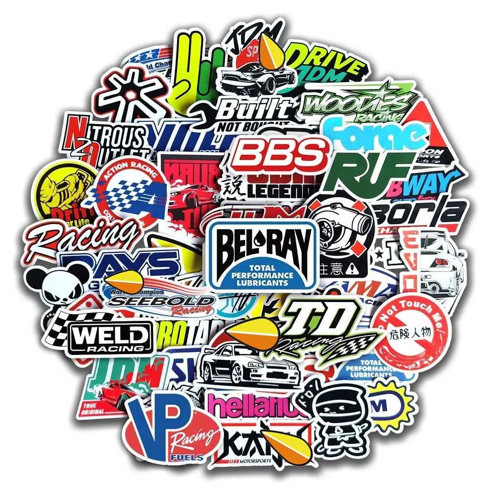 10/25/50/100pcs Cool Racing Car JDM Stickers Decals Laptop Skateboard Luggage Phone Helmet Waterproof Motorcycle Sticker Packs