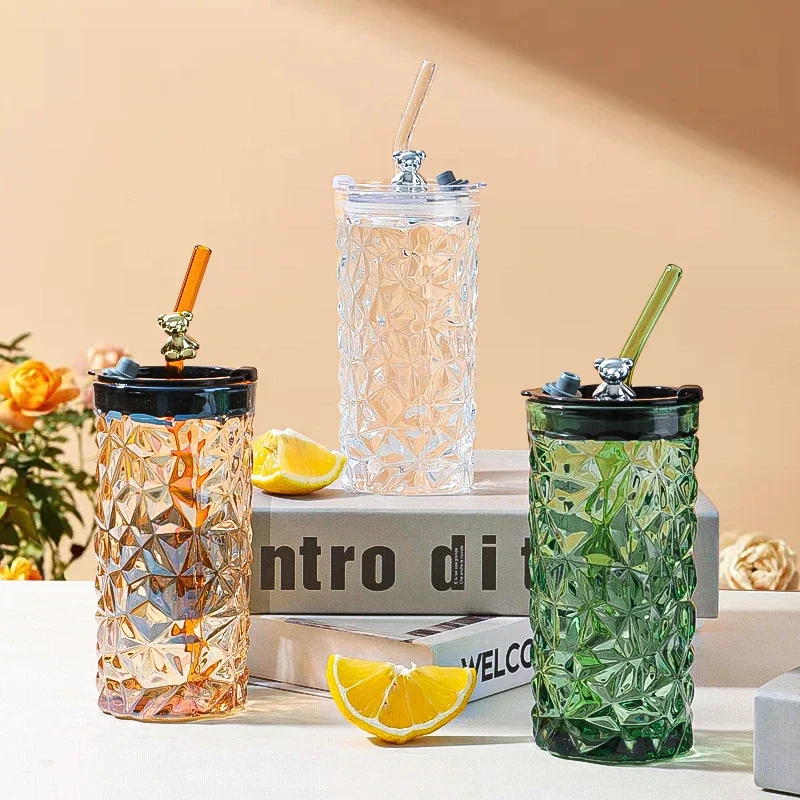 

Bear Series Glass Cup With Straw Creative Cute Office Water Cup Milk Cup Juice Drinking Beverage Transparent Cola Beer Cup