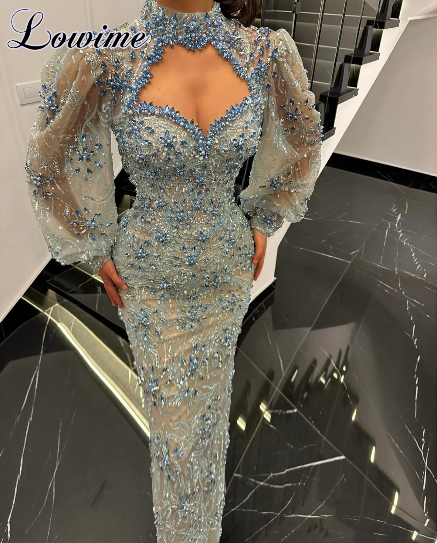 Long Sleeves Crystals Prom Dresses Mermaid Ankle Length High Neck Cocktail Dresses Celebrity Dresses Robe Femme Customized