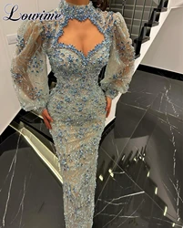 Long Sleeves Crystals Prom Dresses Mermaid Ankle Length High Neck Cocktail Dresses Celebrity Dresses Robe Femme Customized