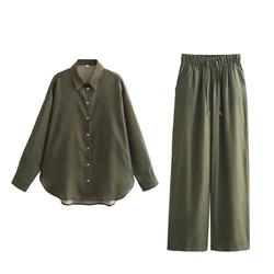 Taop&Za 2024 Spring New Product Women's Fashion Casual Polo Collar Long sleeved Fine Striped Shirt Wide Leg Pants Set