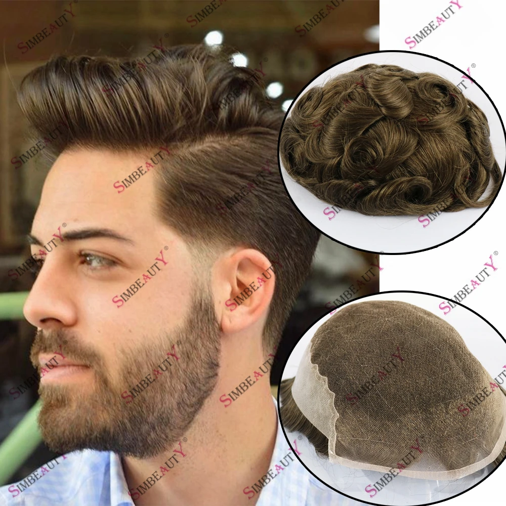 Homens respirável Swiss Lace Front Toupee, linha fina natural, masculino cabelo humano prótese capilar, substituição do cabelo, Q6