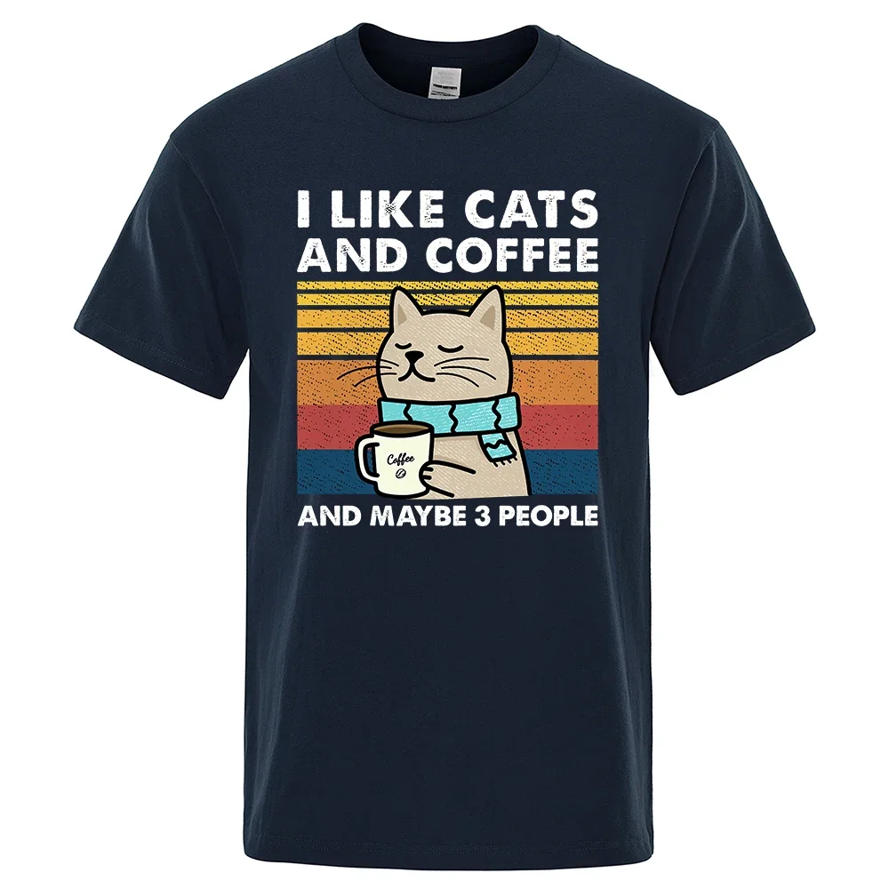 I Like Cats And Coffee Street Funny T-Shirt For Men Fashion Casual Loose Cotton Clothing Crewneck Breathable Tshirt Hip Hop Tees