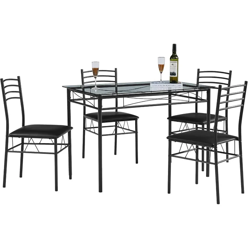 Kitchen Dining Table and Chairs Set for 4, PU Padded Seat & Glasses Tabletop, Space Saving