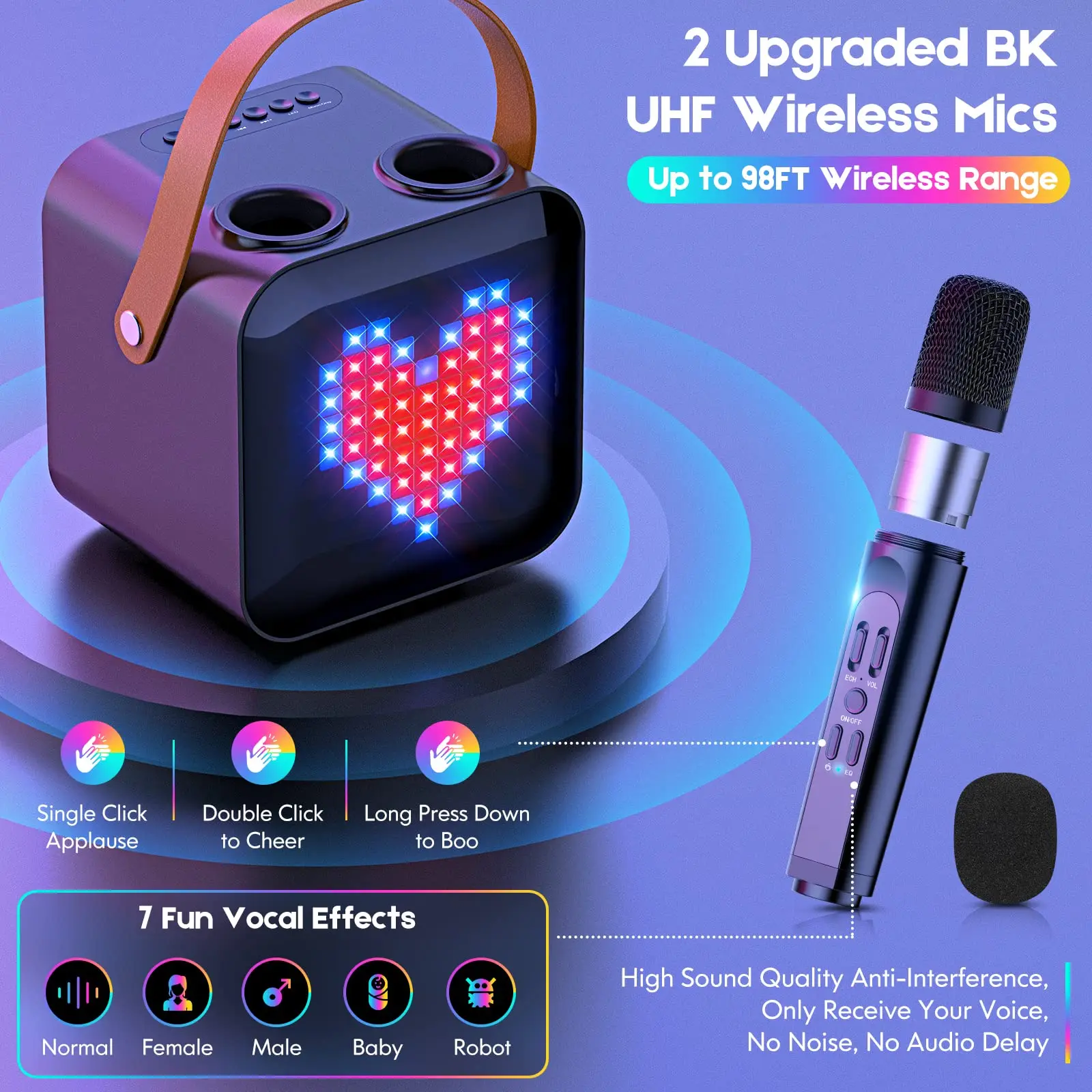 Protable Karaoke Machine with Two Wireless Microphones Rechargeable Karaoke Machine for Kid and Adult PA Speaker System 18 LED P