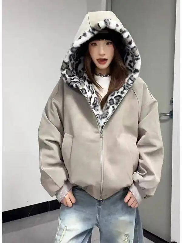 

Ретро-куртка унисекс с леопардовым принтом, двусторонняя, из хлопка, с узором личи, на флисовой подкладке, американская модель