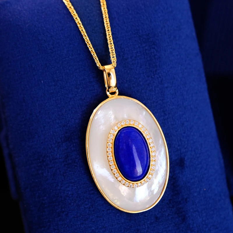 Natural lapis lazuli necklace mother-of-pearl pearl sterling silver gold-plated premium sense earrings new