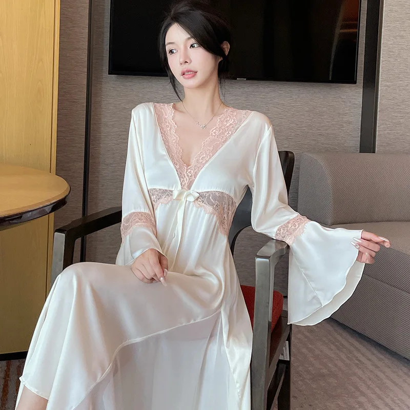 Burgundy Female Long Nightdress Sleepwear Sexy Patchwork Lace Nightgown Bathrobe Spring Summer Home Dressing Gown Loungewear