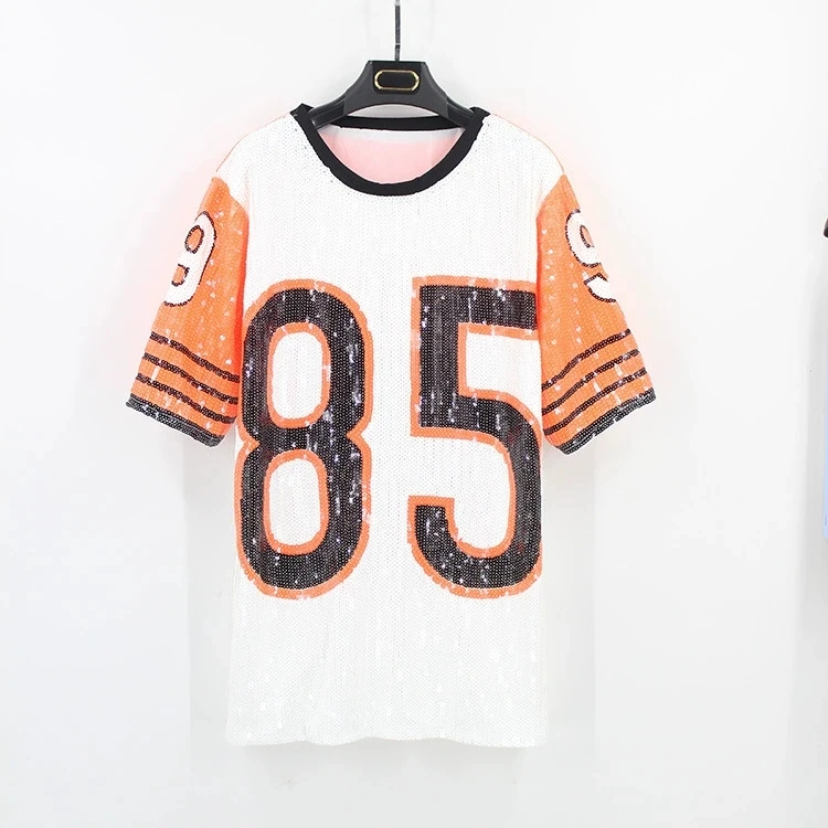 Summer new sequin stage round neck pullover letter performance top
