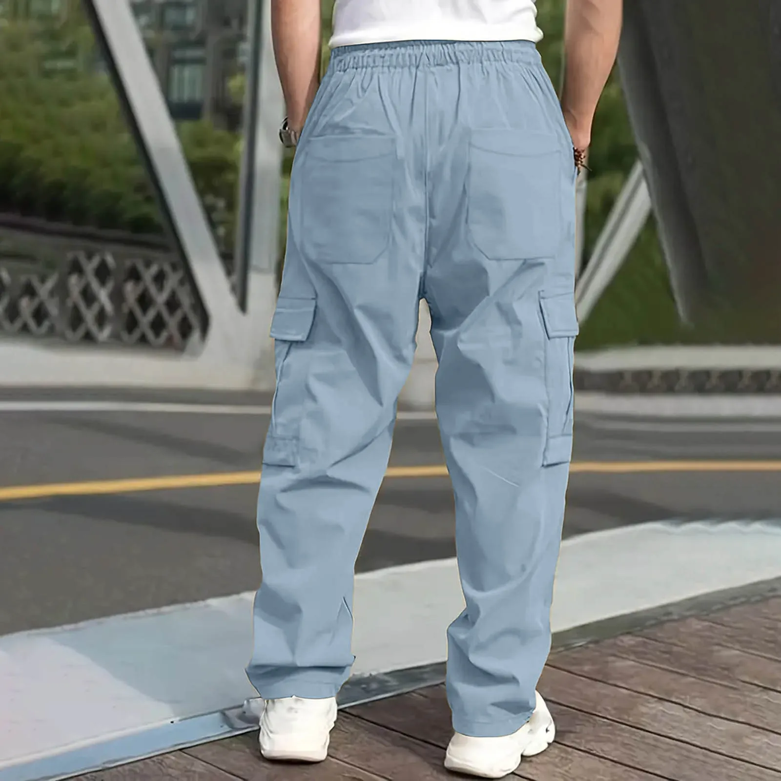 Men'S Solid Color Casual Long Pants Drawstring Pocket Cargo Pants Men'S Casual Simple All-In-One Pants Fashion Street Style Pant