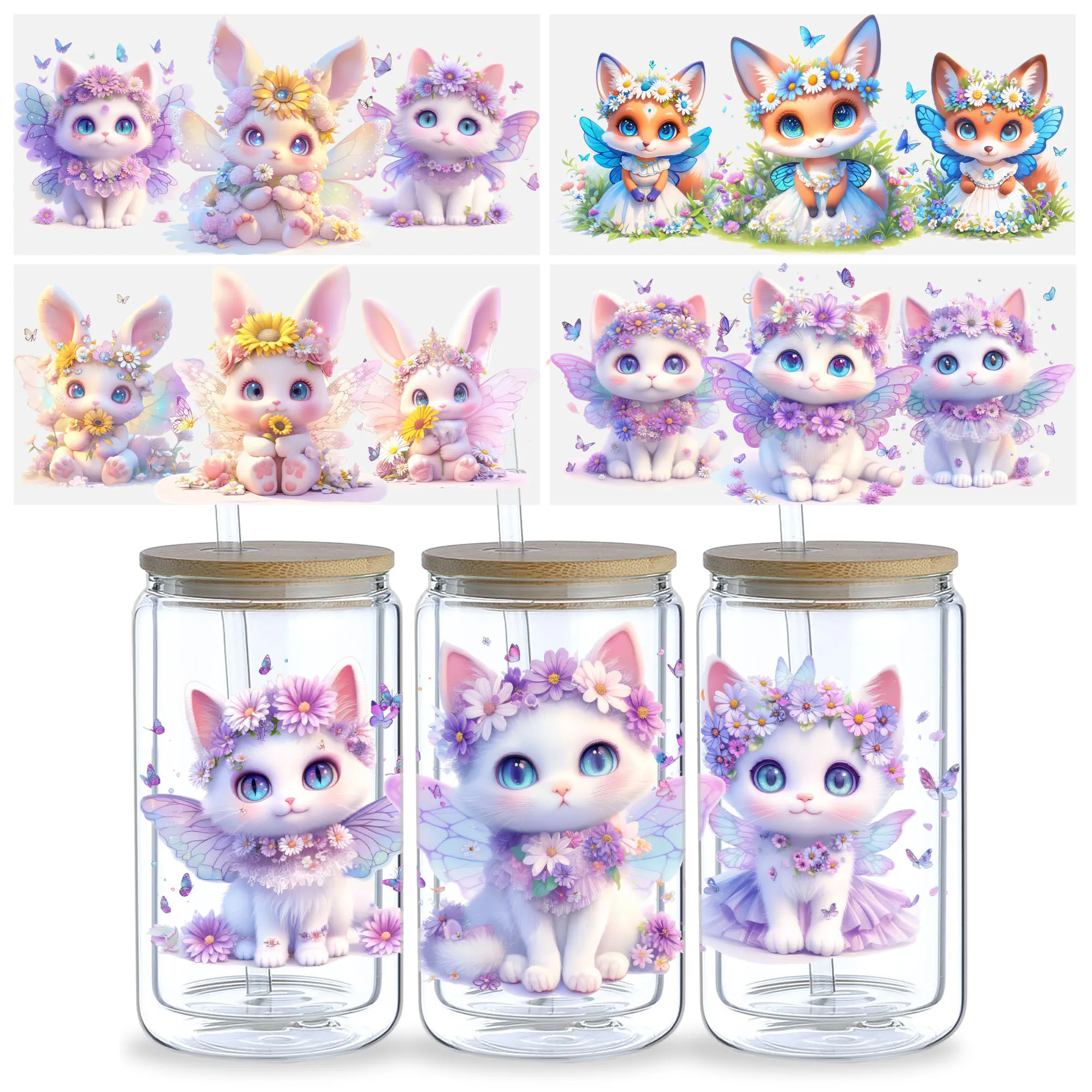 5 Sheets Watercolor Spring Animals UV DTF Cup Stickers, DTF Friction Transfer Stickers, Waterproof Transfer Stickers