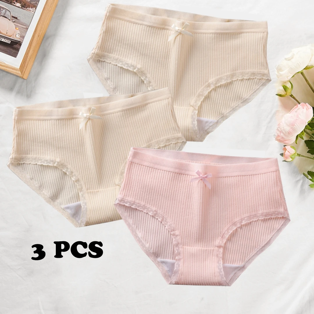 New Lace Lace Milk Silk Hip Sexy Ladies Underwear Threaded Bow Breathable Mid-Waist Girl's Briefs 3 Pieces