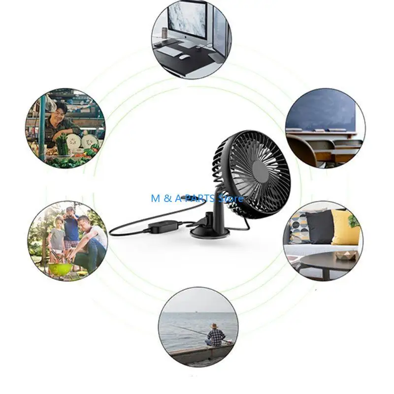 U1JF 12V-24V USB Power Suction Cup 3 Speed Fan for Car Kitchen Outdoor Home