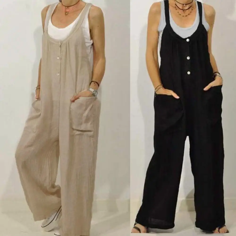 

Overall Dungarees Solid Color Jumpsuit Women Pockets Buttons Cotton Linen Bib Dungarees