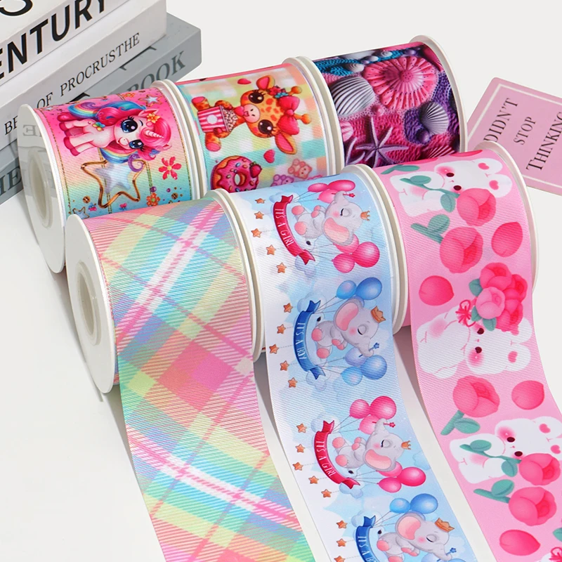 DIY Cartoon Animal Rabbit Elephant Printed Satin Grosgrain Ribbon For Craft Supplies Sewing Accessories 5 Yards. 92222