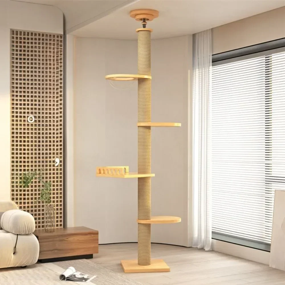 Wooden Cat Tree Floor To Ceiling With Bed Indoor Cats Climbing Pillar Adjustable Pet Tower Thickened Multifunction Cattery Tools