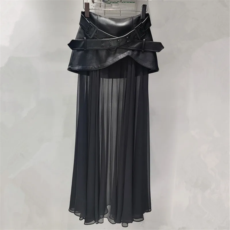 Chic Women Mesh Splicing Pleated Irregular Long Black PU Skirt Sexy A-line Faux Leather Gauze Patchwork Ruched Skirt with Belt