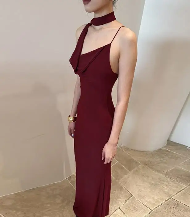 

Women Dresses 2026 Spring Summer New Sexy Scarf V-Neck Backless Slimming Solid Color Elegant Temperament Long Dress