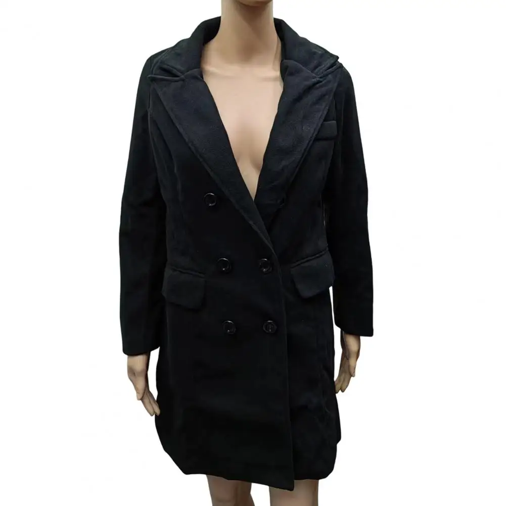 

Winter Women Coat Elegant Double-breasted Winter Coat with Turn-down Collar Warm Pockets Solid Color Stylish for Office