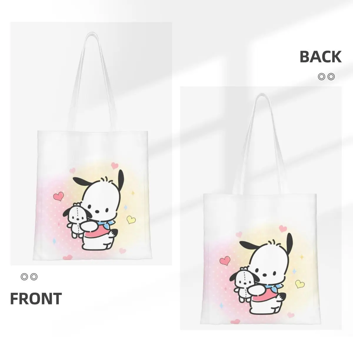 Bolsa tote unissex Sanrio Pochacco com logotipo traseiro, sacola de compras de lona para bolsas de compras