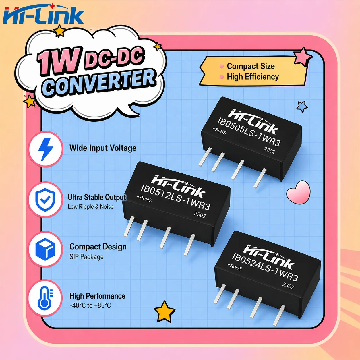 Hi-Link IB0503LS IB0524LS 1W Mini SIP Voltage Modulator 1500VDC Separation Low Noise Wide Temp Single Regulated Circuit Unit