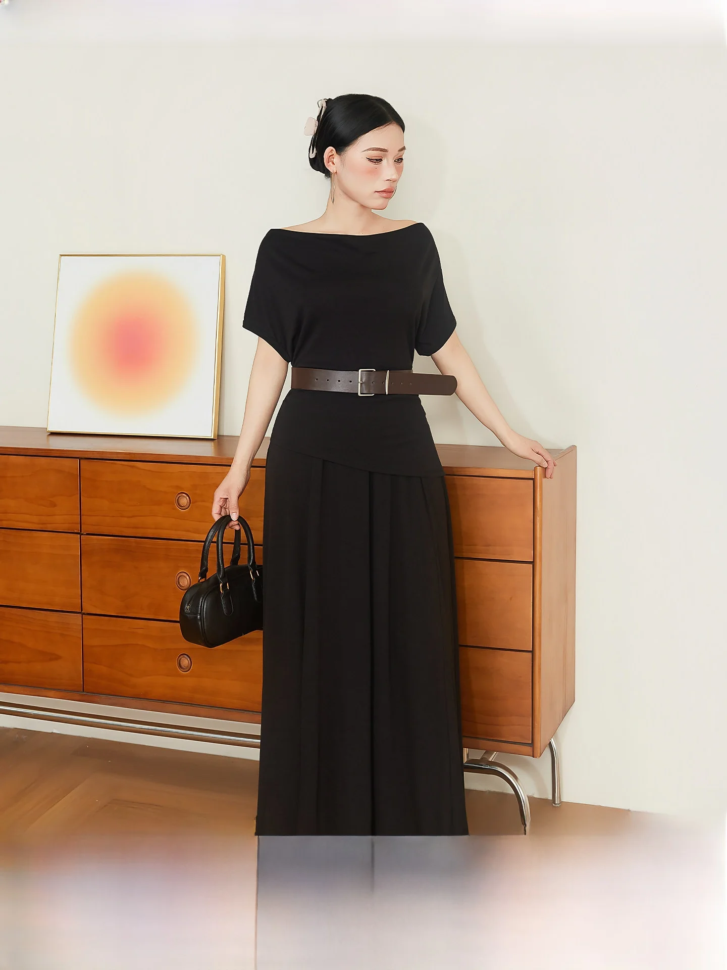 

plus Size Summer Slimming Short Sleeve Set for Women High Waist A-Line Skirt Cover Belly Belted Korean Style Fashion Ensemble