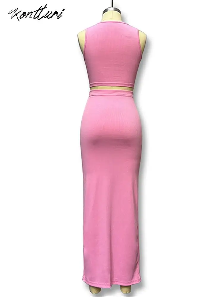 Kontturi Casual Ribbed Two 2 Piece Sets Women Outfit O Neck Sleeveless Crop Tops Pink Maxi Bodycon Split Skirt Matching Sets