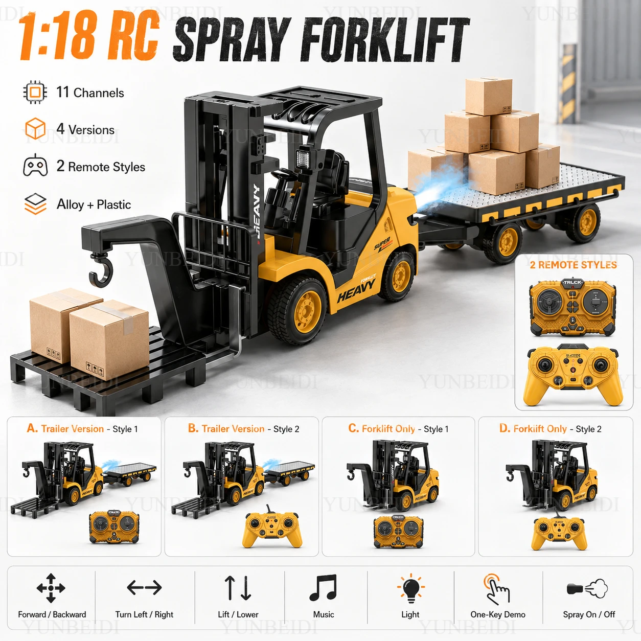 Alloy Spray 1:18 Remote Control Forklift 11-Channel Sound Lighting RC 2.4GHz Forklift with Tow Plate Child's Toys Holiday Gifts