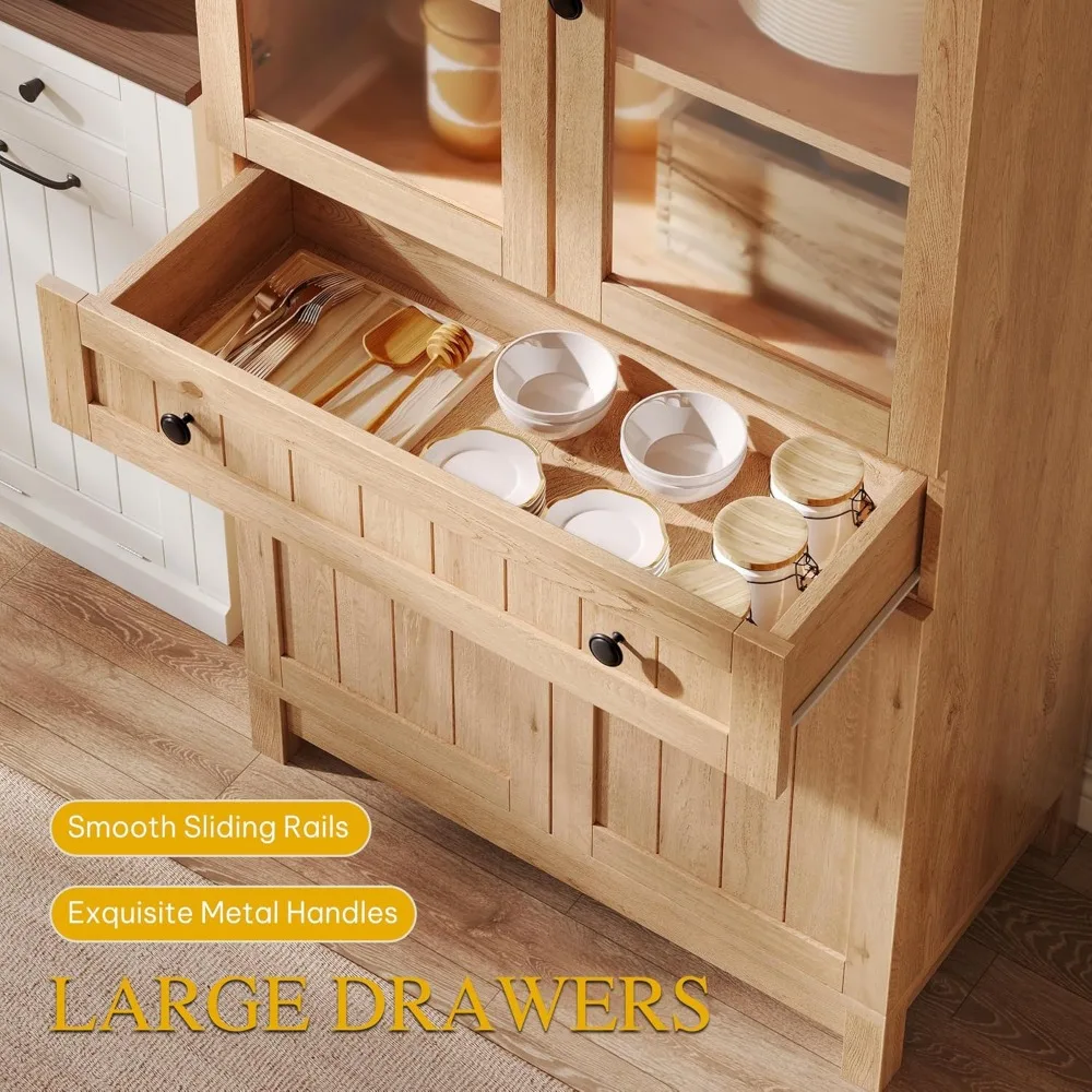 DWVO Arched Pantry Cabinet, 71 Tall Glass Door Display Storage Cabinets W/Drawer & Adjustable Shelves, Farmhouse Versatile Cupbo