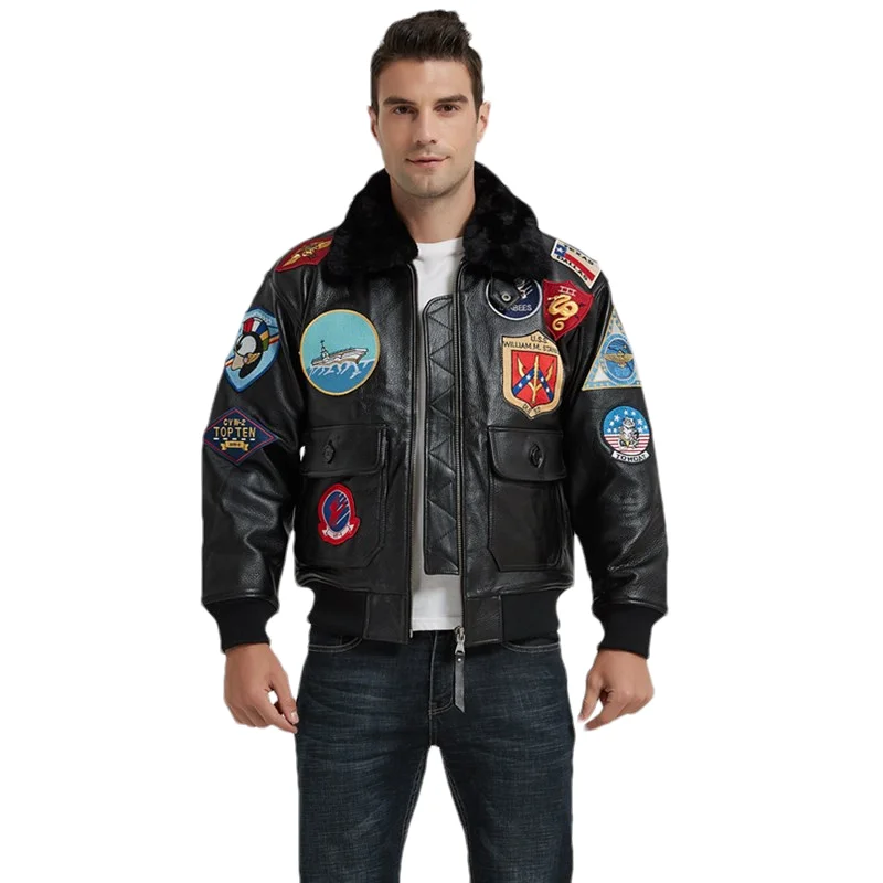 Black Top Gun Pilot Leather Jacket Men Military Style Europe Size Natural Thick Cowhide G1 Air Force Flight Coat