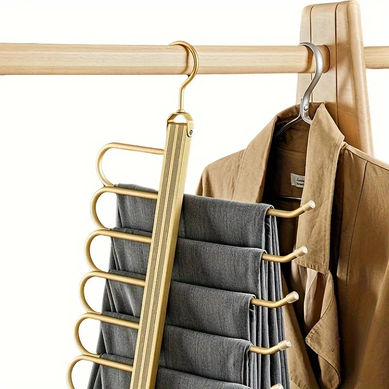 Multi- Magic Pants Hangers, Rotatable Folding Stainless Steel Trouser Hanger, Non-Slip 6 In 1 Rack For Shop  Travel Dorm