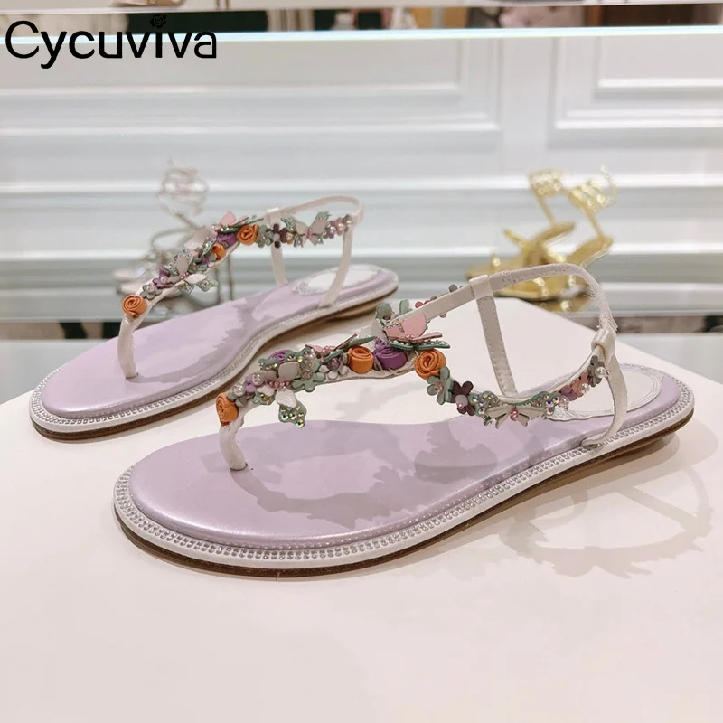 

New Summer Flower Decor Flat Sandals Women Flipflops Holiday Beach Shoes For Women Designer Brand Gladiator Sandals Women