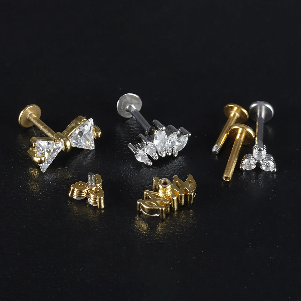 1PC Pure Titanium Zircon Flower Ear Cartilage Piercing Stud Earrings Heart Star Moon Helix Conch Screw Back Earring Women