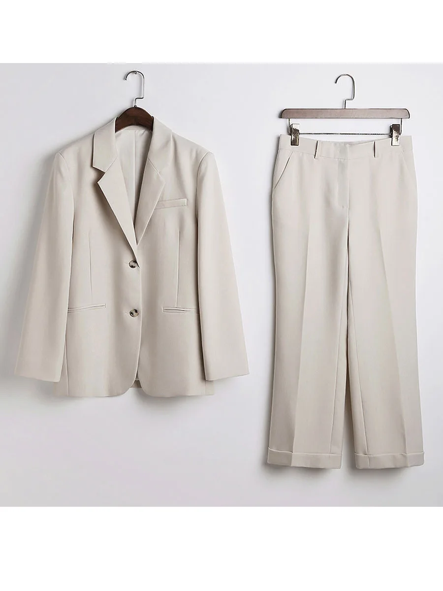 High Quality Autumn New Commuter Simple Bleached Sand Color Loose Suit Jacket + Pants Set Women