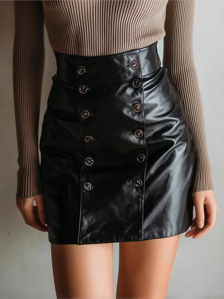 

New Style Skirt Double Breasted Design PU Leather Skirt Hip-covering Sexy And Fashion Skirt Autumn Elegant Black Casual Skirts