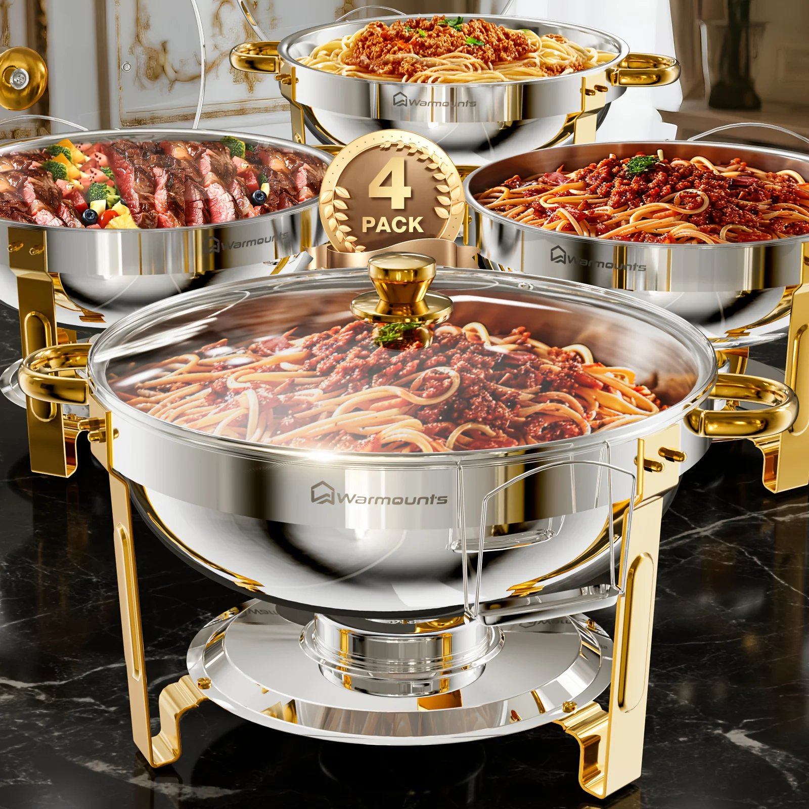 

Набор для фуршета WARMOUNTS Golden Chafing Dish, 5QT, 4 шт., с стеклянной крышкой и держателем для крышки, из пищевой нержавеющей стали