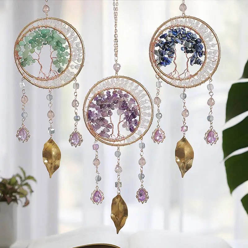 

Crystals Sun Catcher Mordern Home Decoration Natural Stone Green Aventurine Lapis Lazuli Amethyst Tree of Life Hanging Car Decor