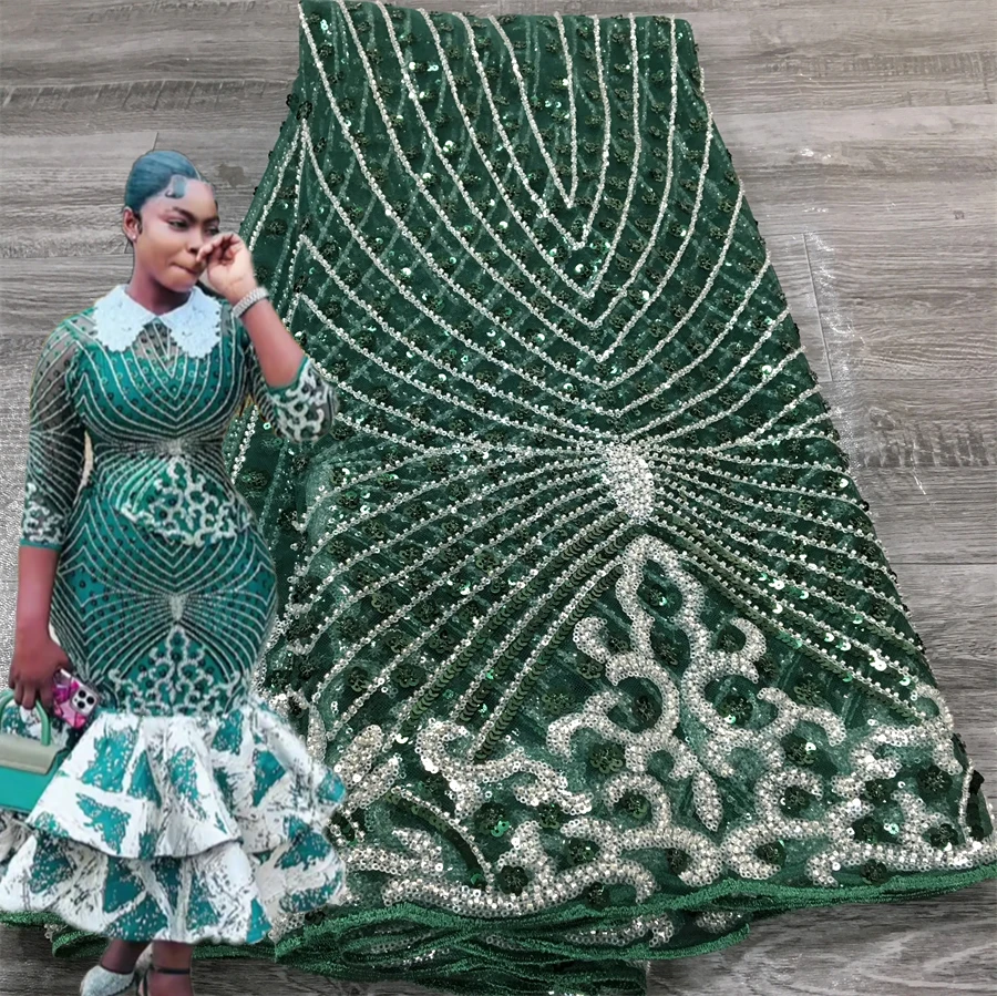 

Latest African Sequins Lace Fabric 2025 High Quality Lace Embroidery Beaded Mesh Fabric 5 Yards For Women Wedding Party Dress