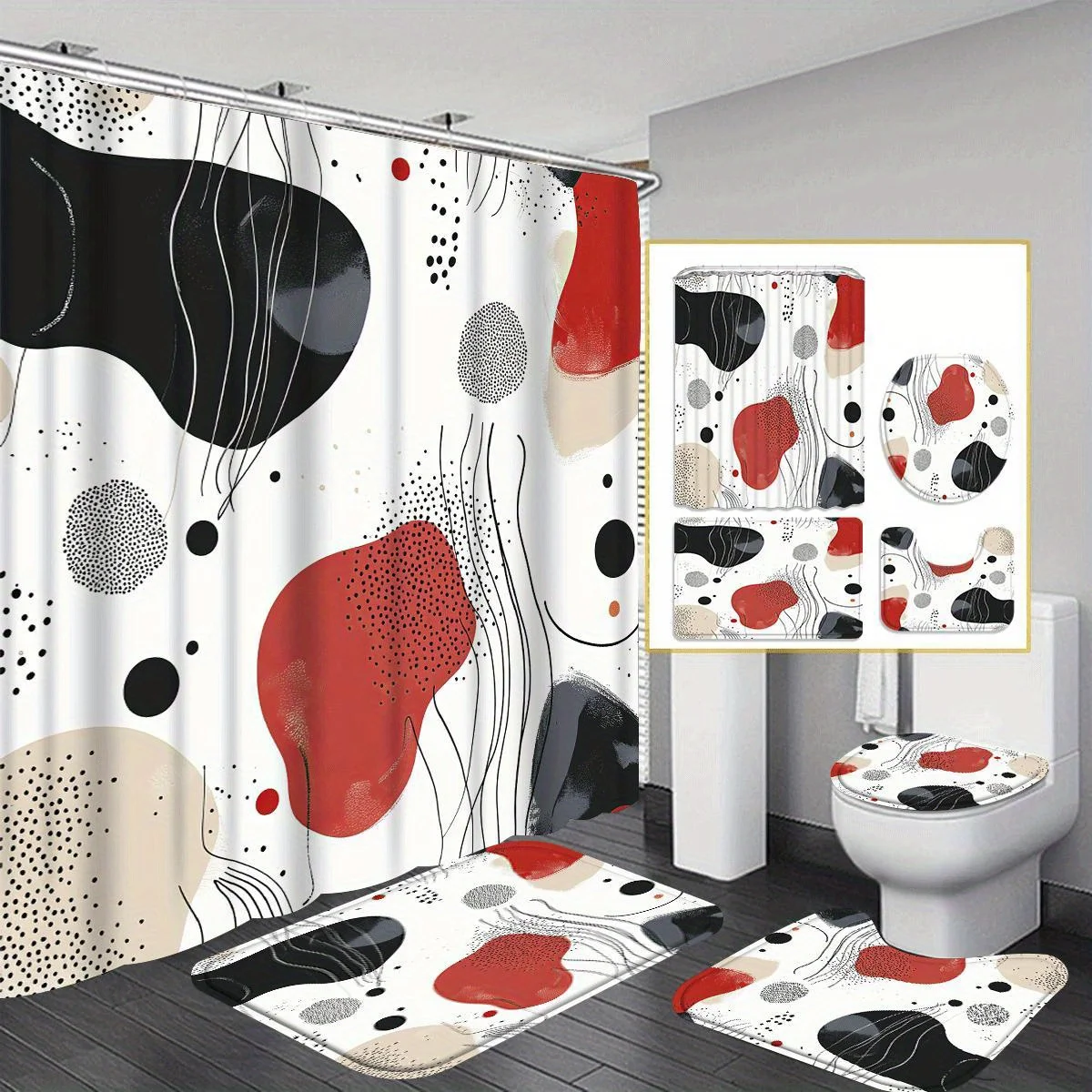 

4 шт. Современный абстрактный стильный черный, красный и белый дизайн для ванной комнаты — противоскользящий коврик, U-образный коврик для унитаза и чехол на сиденье унитаза