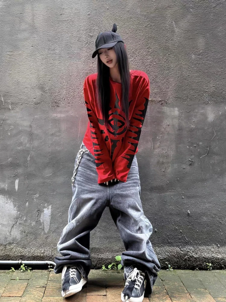 Y2k القوطية الأمريكية خمر كم طويل تي شيرت المرأة عادية الشارع الشهير طباعة القمم س الرقبة Harajuku ريترو سليم 2025 الخريف